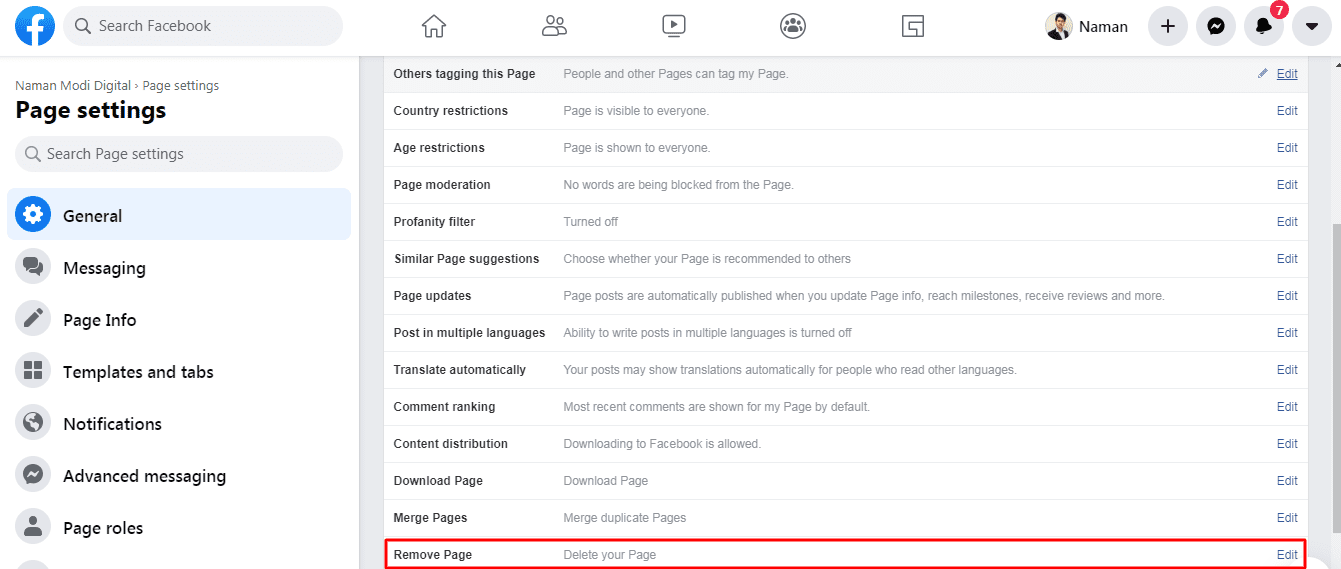 how to delete facebook - Page settings