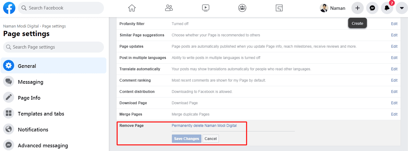 how to delete facebook- Page settings