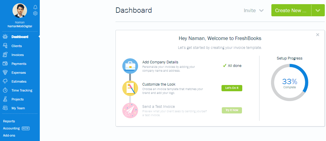 Freshbooks - Dashboard